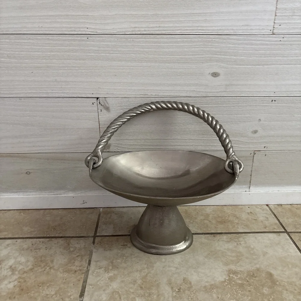 Vintage Cast Aluminum Pedestal Centerpiece Bowl Twisted Rope Handle Fruit Decor
